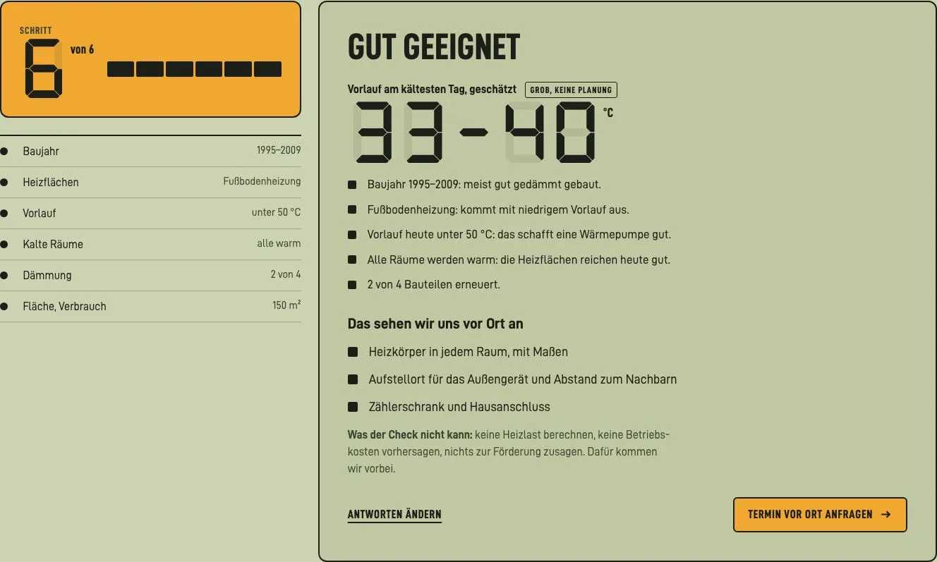 Ergebnis des Heizungs-Checks: „Gut geeignet“, geschätzter Vorlauf 33 bis 40 °C, die Gründe dafür, was vor Ort noch angesehen wird und was der Check nicht kann.