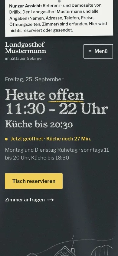 Startseite des Landgasthofs am Handy: Hinweiszettel, darunter „Heute offen 11:30 – 22 Uhr, Küche bis 20:30“ und der Knopf „Tisch reservieren“.